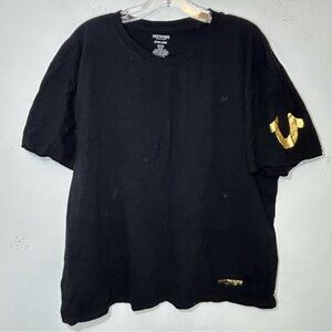 TRUE RELIGION MENS TSHIRT XL BLACK GOLD HIP HOP LOGO SPELLOUT SHORT SLEEVES Y2K